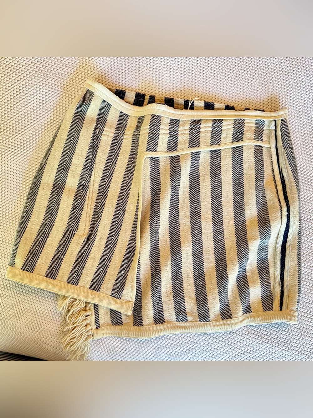 VANESSA BRUNO Boho IKA Cream Jute & Navy Blue Striped Fringe Mini Skirt - Picture 11 of 16